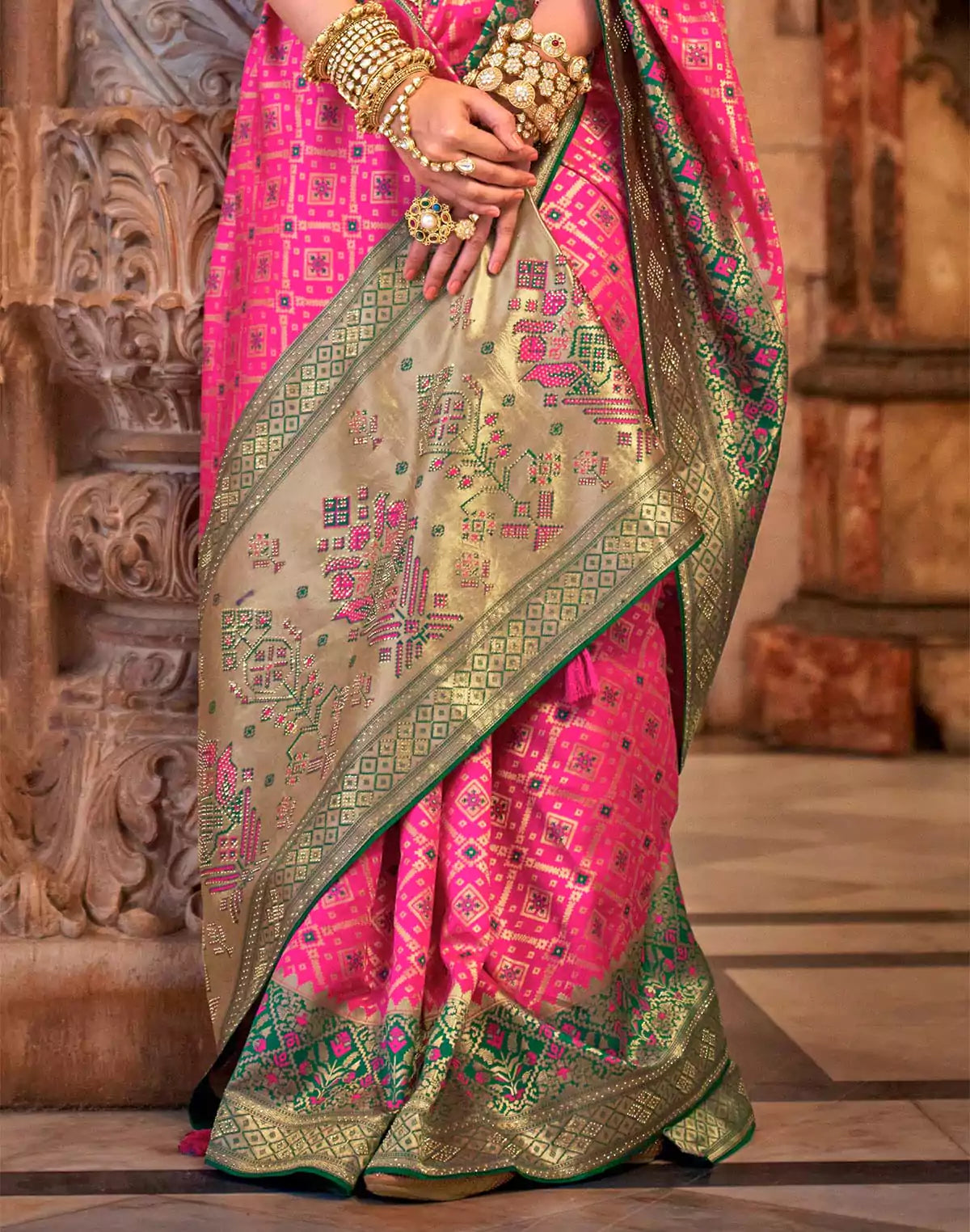 Image of Pink Banaras Silk Stones work Fancy Saree