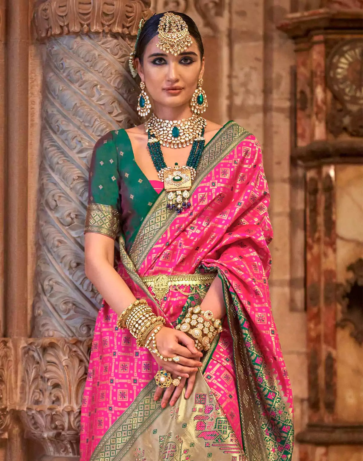 Image of Pink Banaras Silk Stones work Fancy Saree