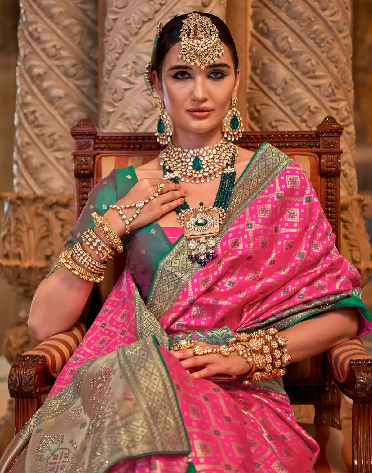Image of Pink Banaras Silk Stones work Fancy Saree