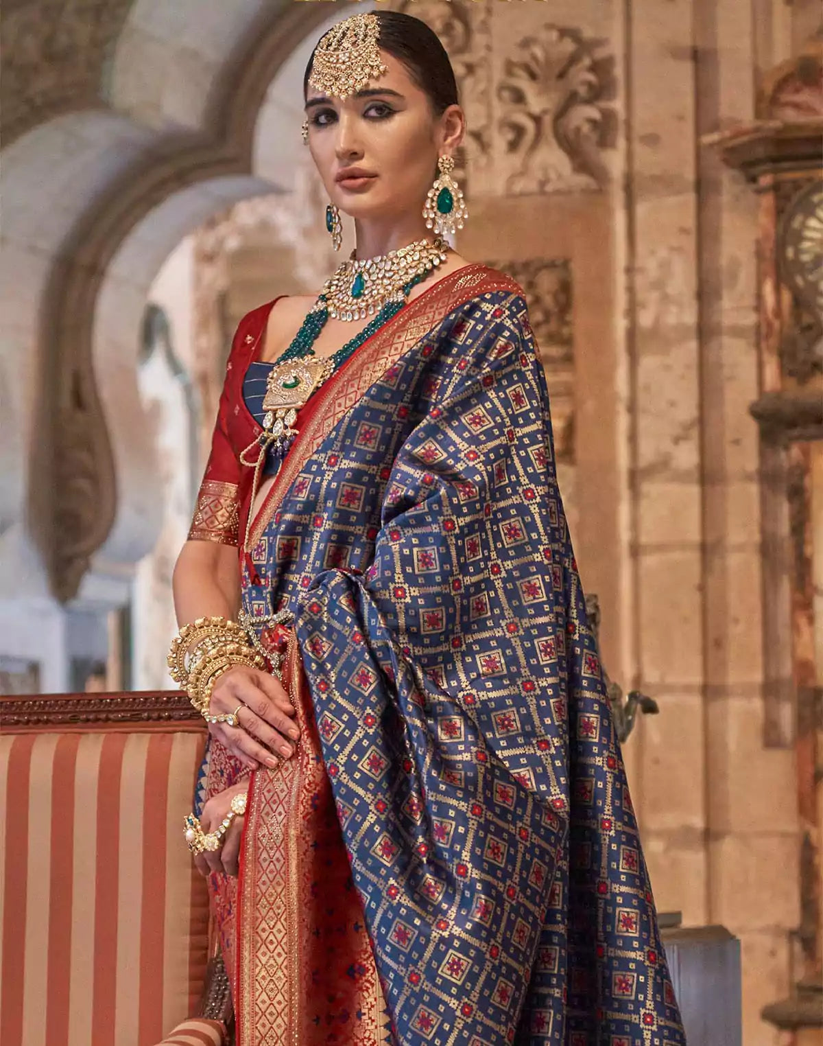 Image of Navy Blue Banaras Stones work Saree