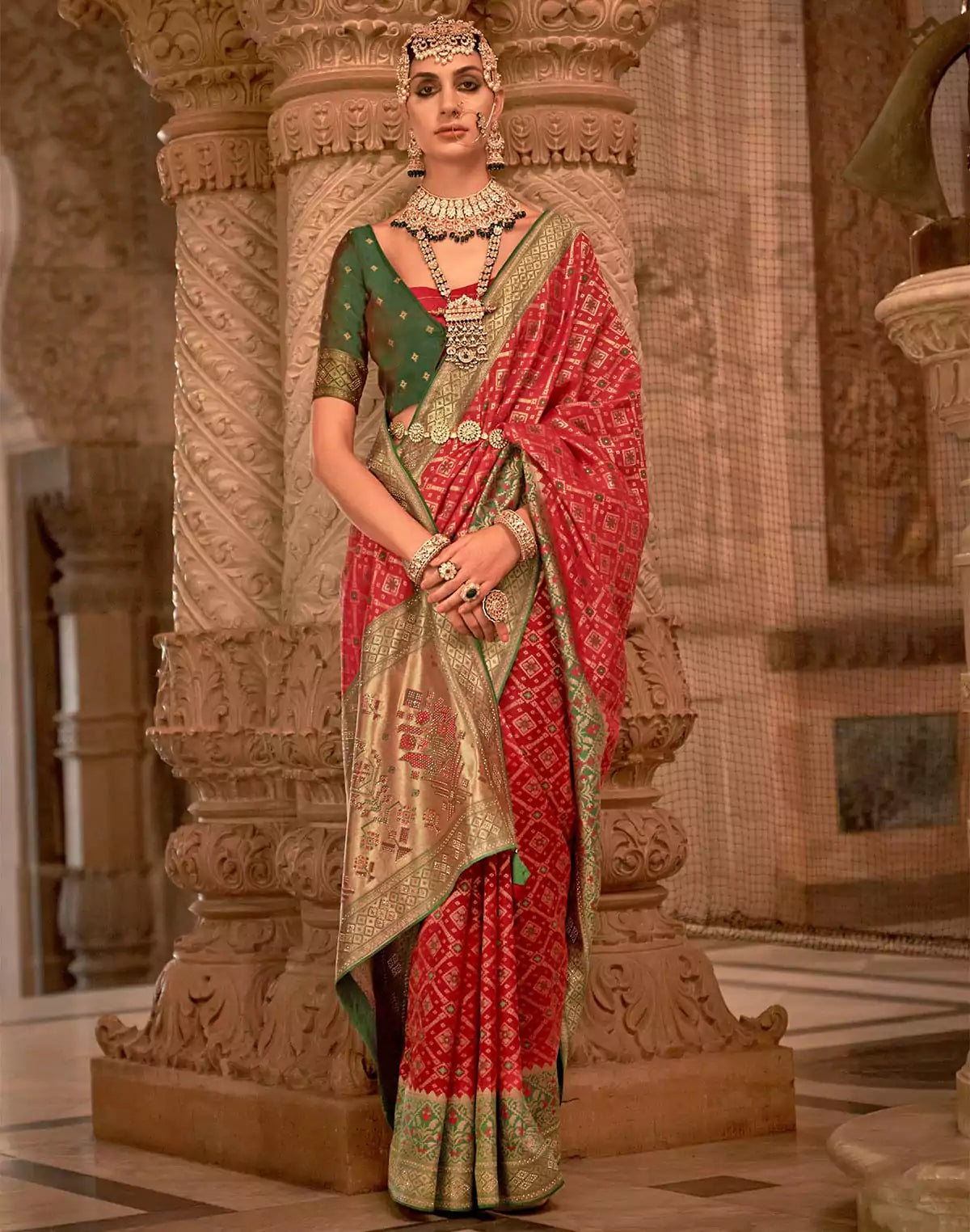 Image of Red Coloured Banaras Silk Stones work Saree