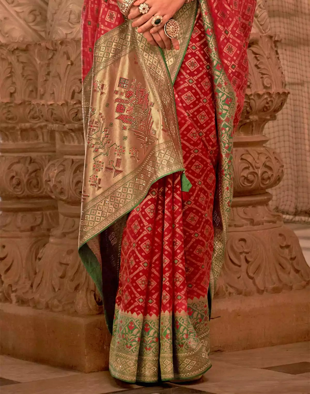 Image of Red Coloured Banaras Silk Stones work Saree