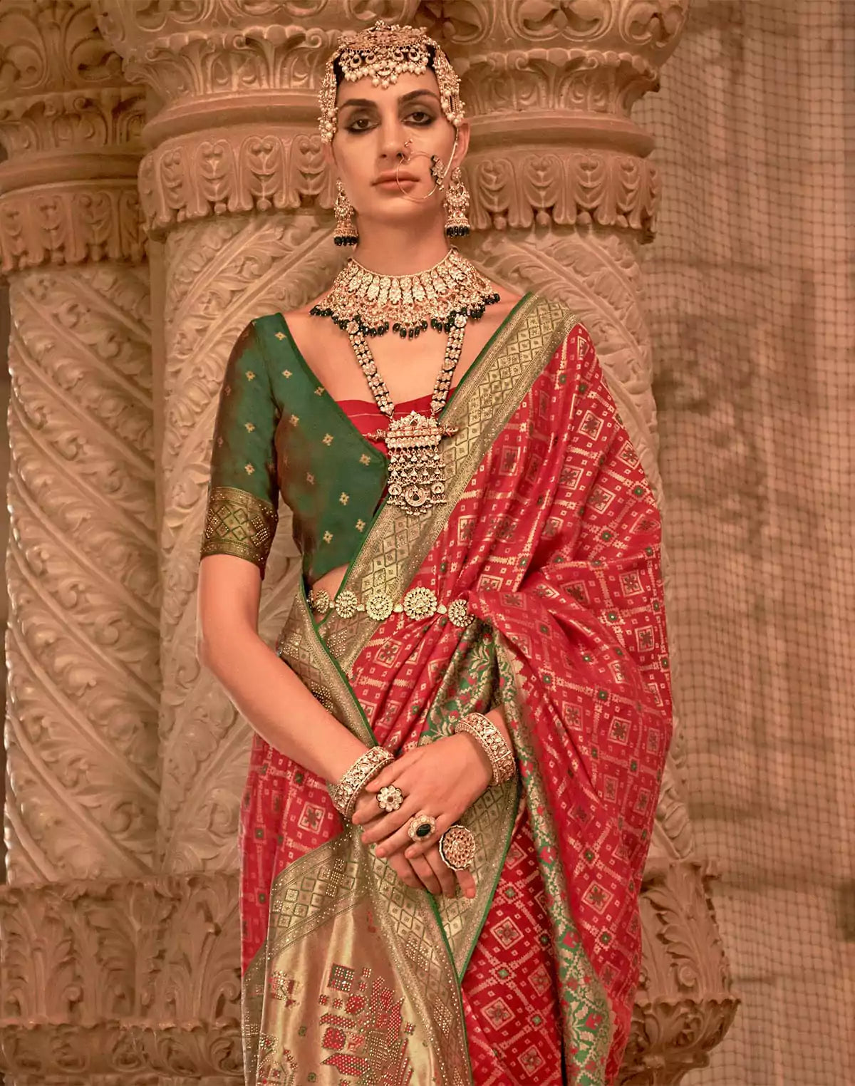 Image of Red Coloured Banaras Silk Stones work Saree
