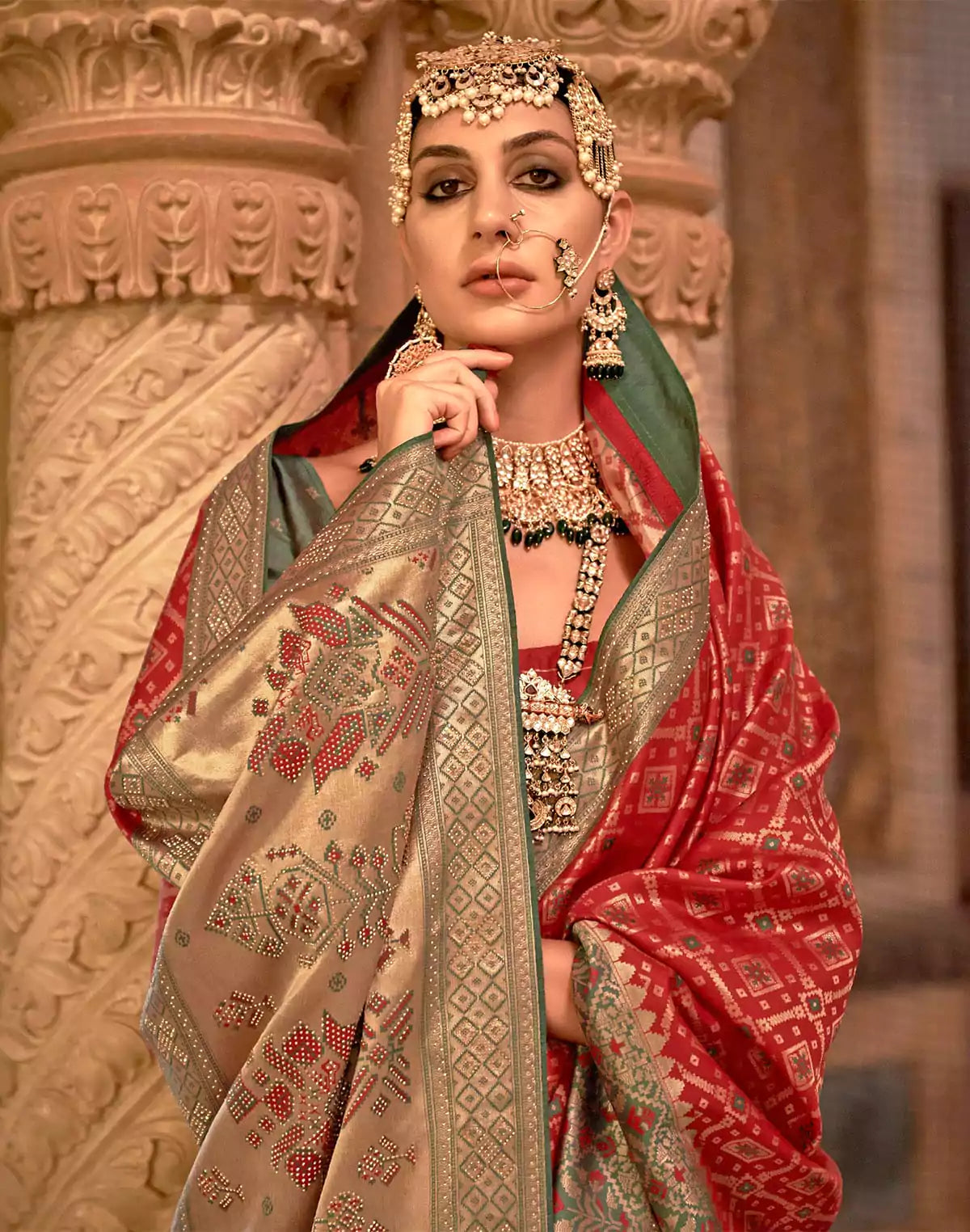 Image of Red Coloured Banaras Silk Stones work Saree