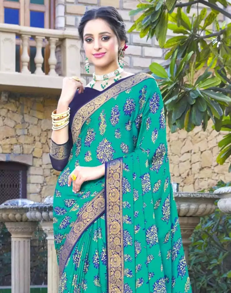 Image of Green Coloured Floral Print Chiffon Fabric Saree