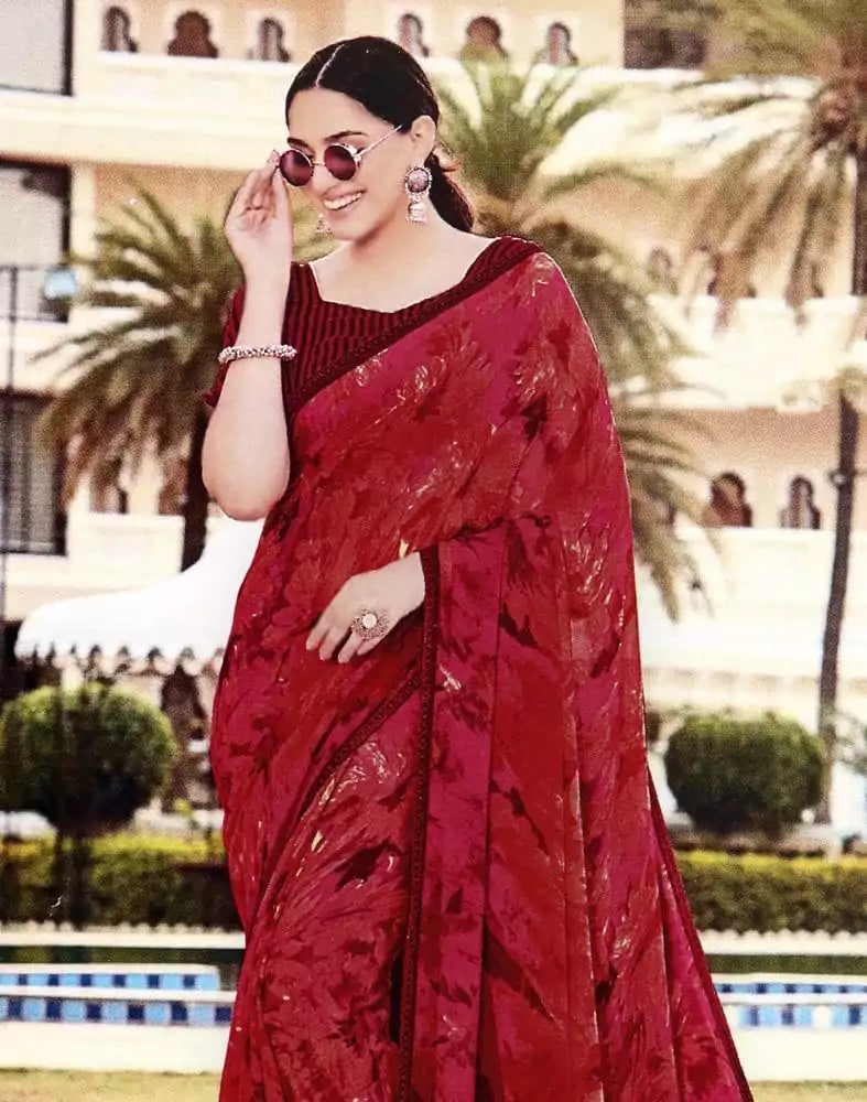 Image of Magenta Floral Print Chiffon Saree