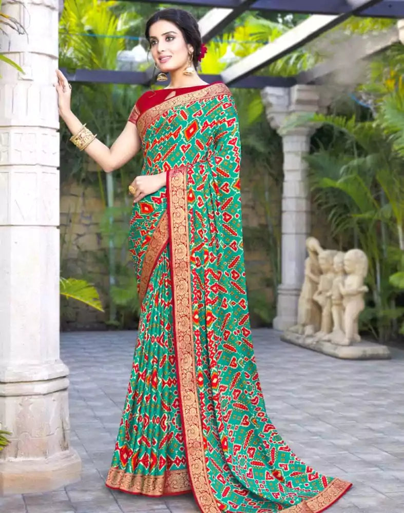 Image of Rama Green Geometric Pattern Print Chiffon Saree