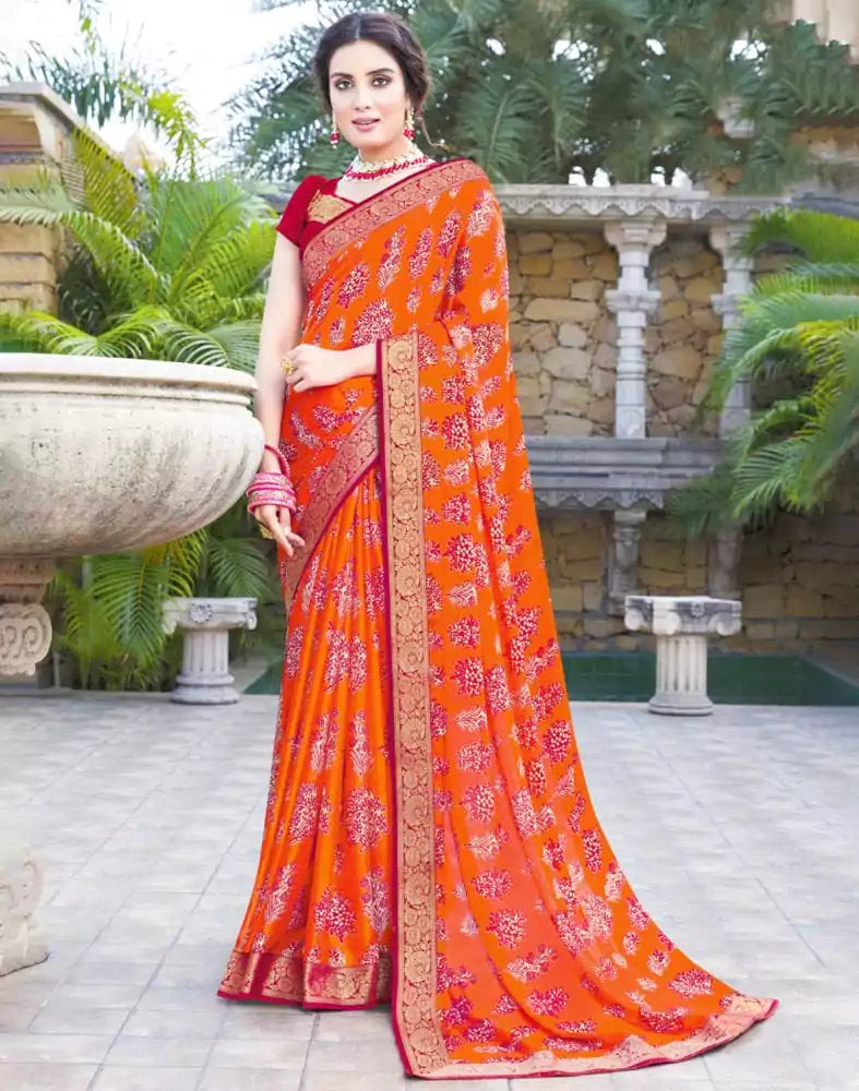 Image of Orange Coloured Floral Pattern Print Chiffon Saree