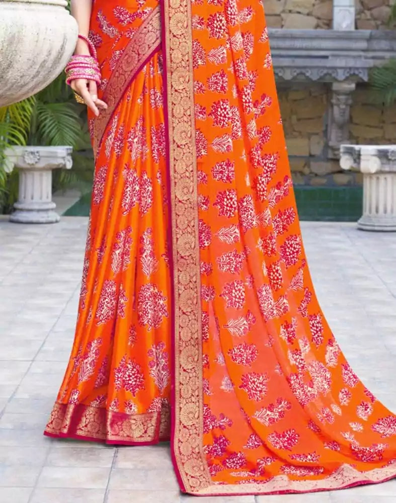 Image of Orange Coloured Floral Pattern Print Chiffon Saree