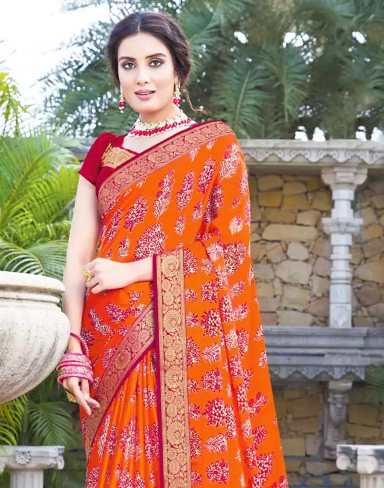 Image of Orange Coloured Floral Pattern Print Chiffon Saree