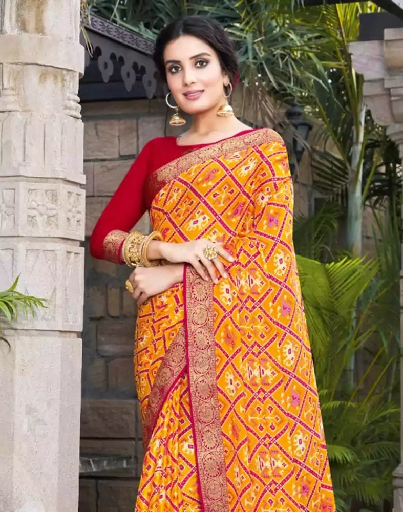 Image of Mustard Geometric Print Chiffon Saree