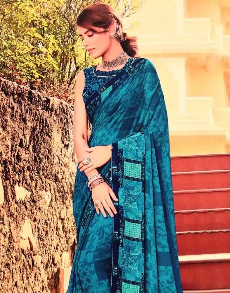 Image of Peacock Blue Geometric Print Chiffon Saree