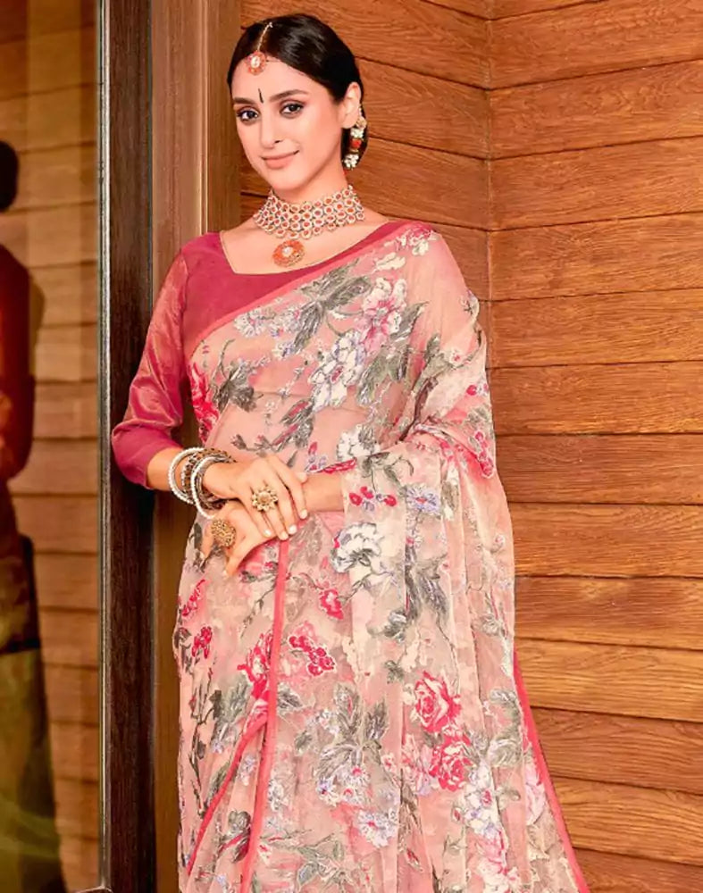 Image of Peach Floral Print Tissue Saree