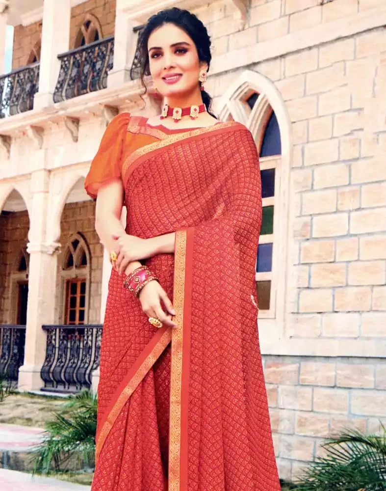 Image of Pink Floral Print Chiffon Fabric Saree