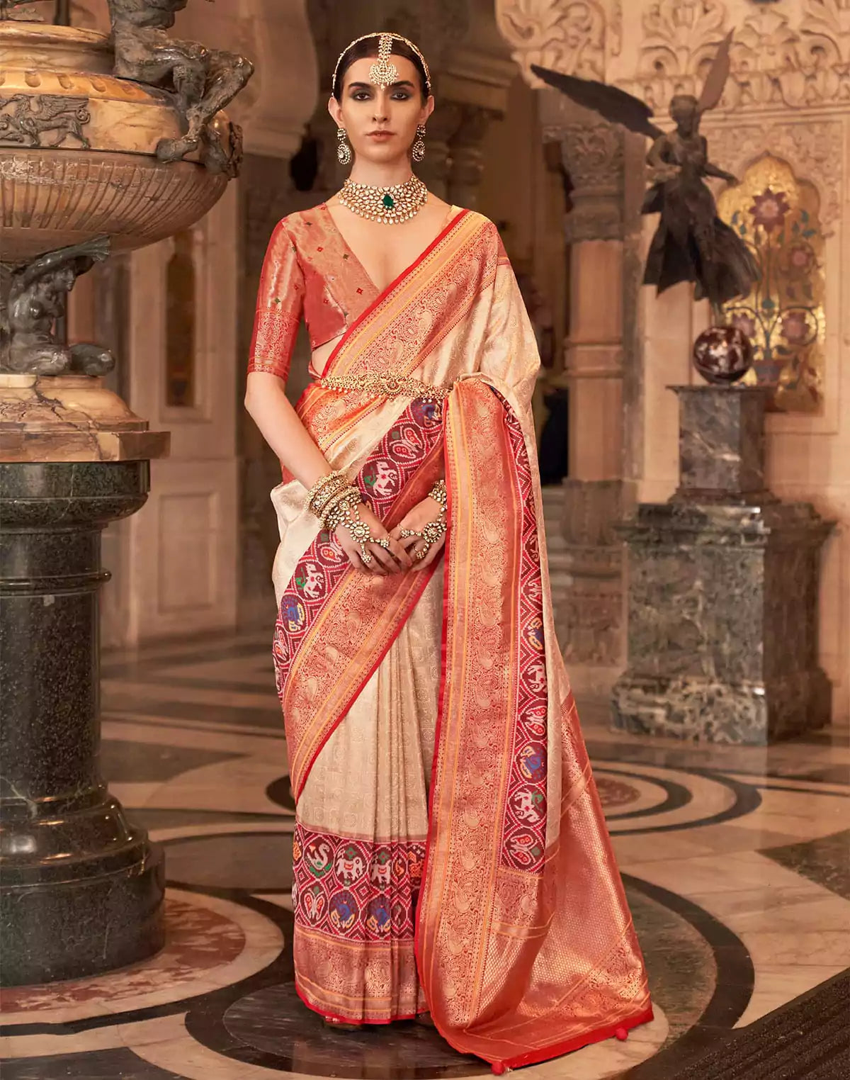 Image of Cream Zari Woven Banaras Meenakari Silk Saree