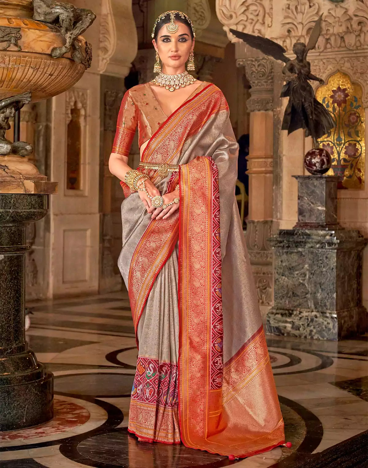 Image of Light Grey Soft Banaras Meenakari Silk Wedding Saree