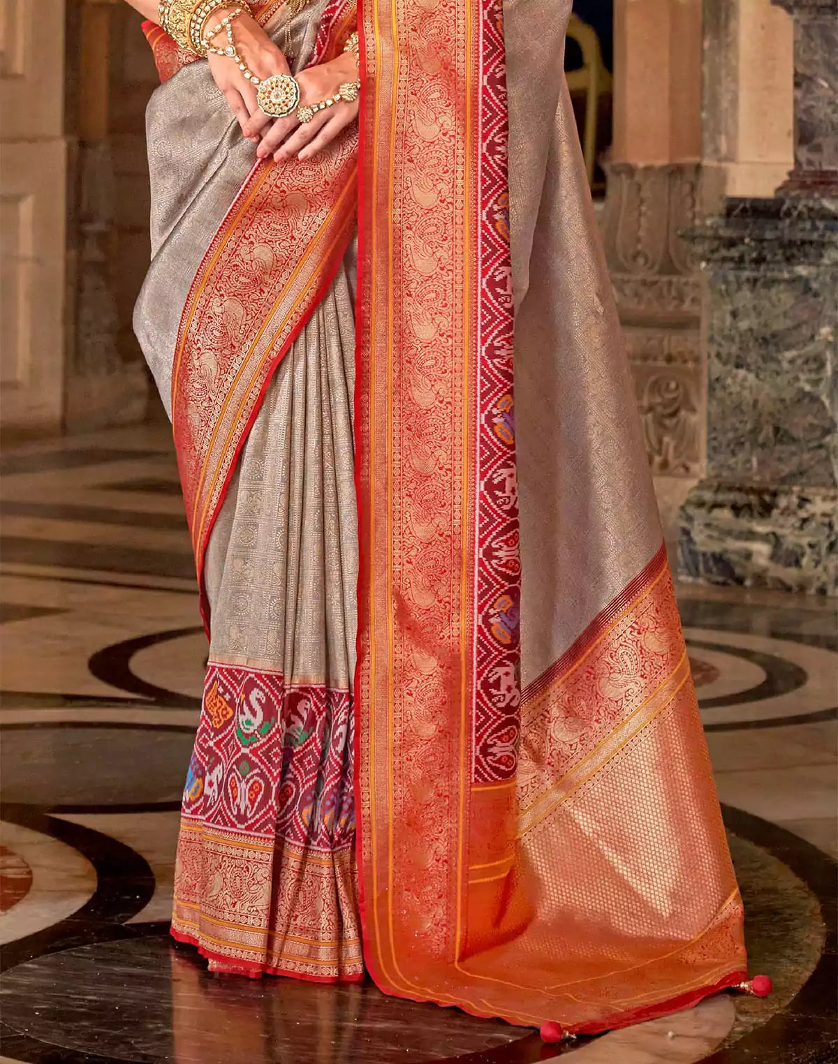 Image of Light Grey Soft Banaras Meenakari Silk Wedding Saree