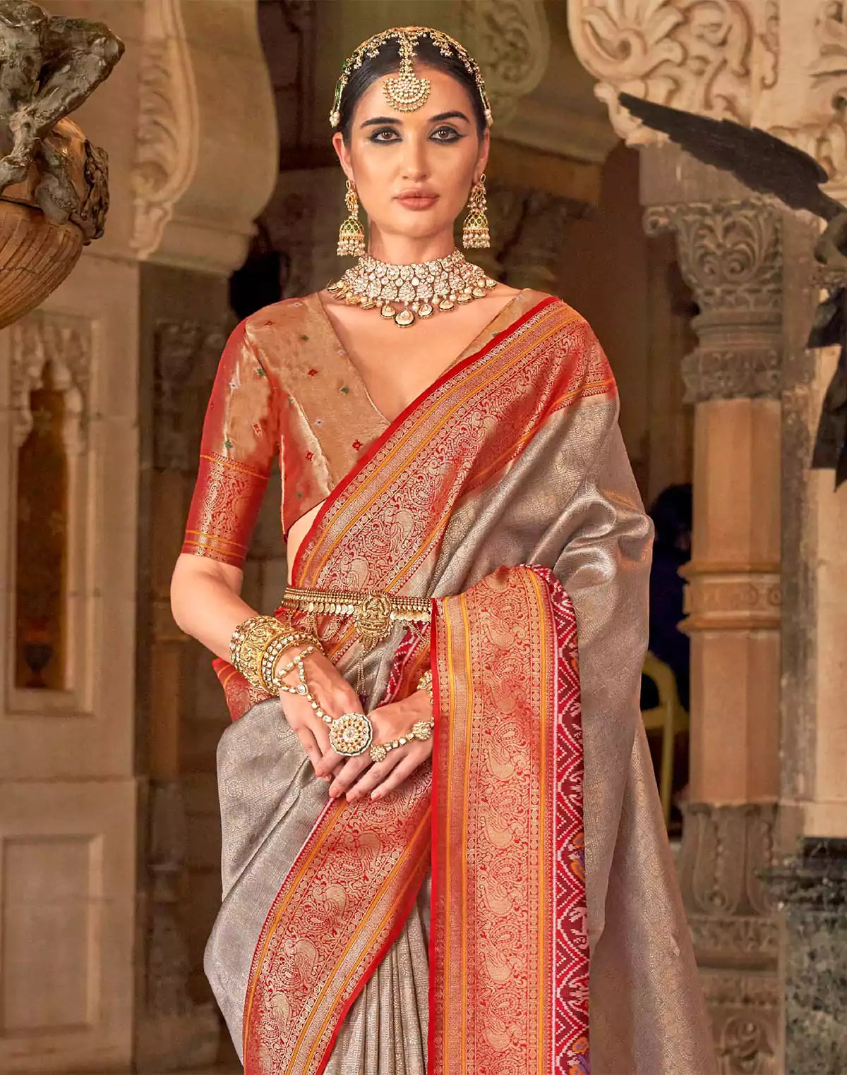 Image of Light Grey Soft Banaras Meenakari Silk Wedding Saree