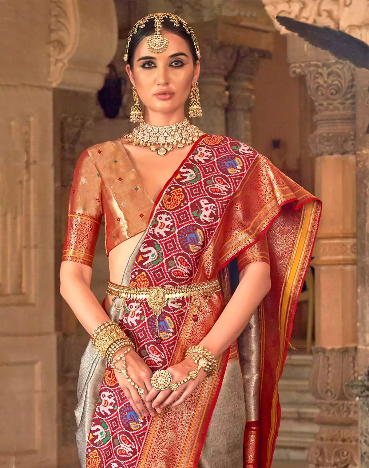 Image of Light Grey Soft Banaras Meenakari Silk Wedding Saree