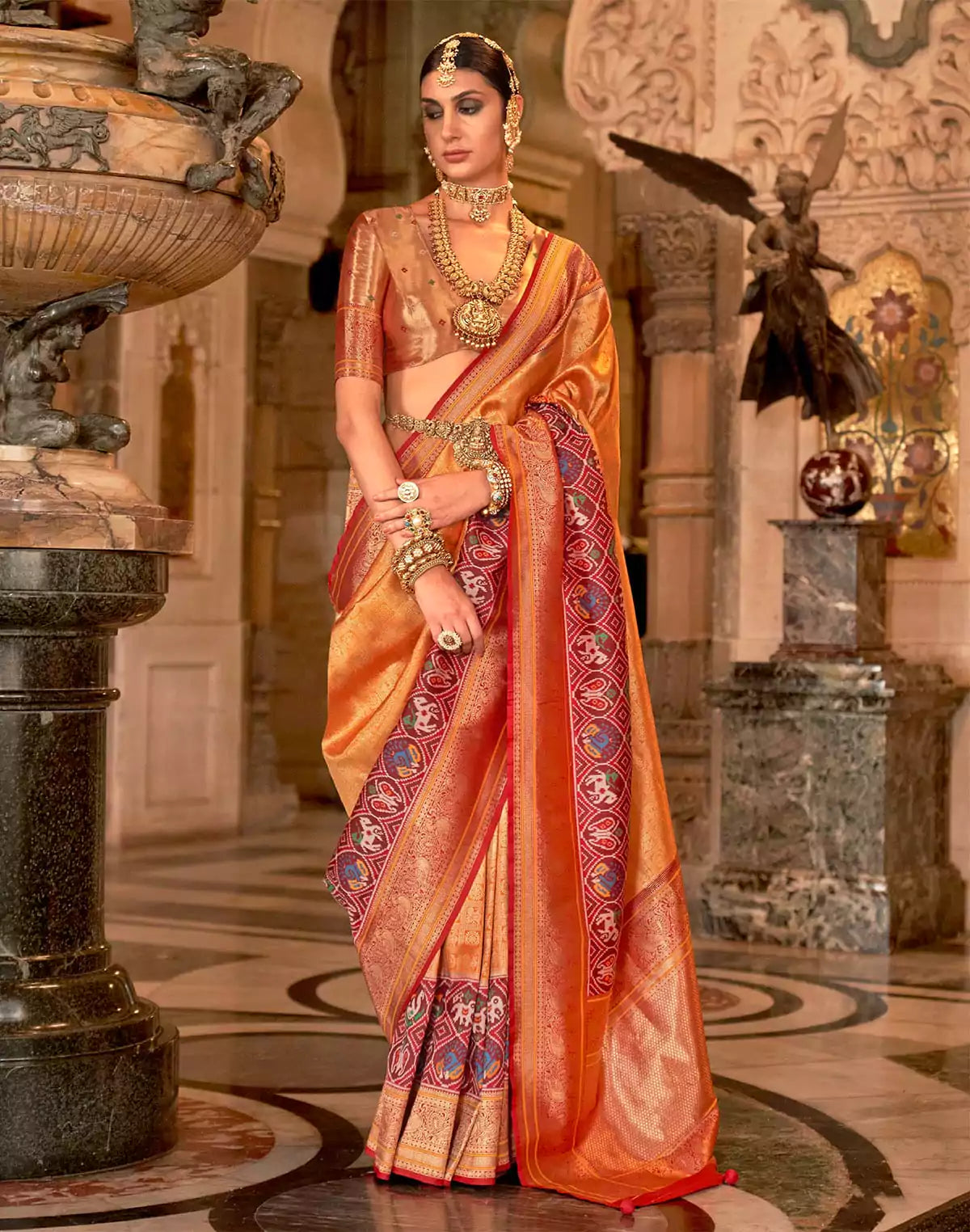 Image of Orange Brocade Meenakari Banaras Silk Saree