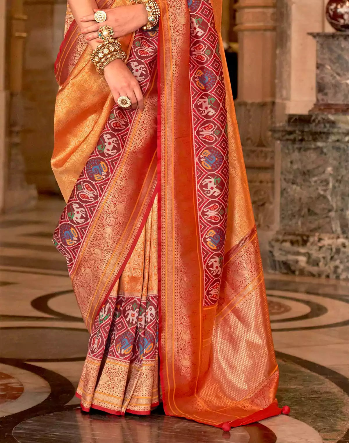 Image of Orange Brocade Meenakari Banaras Silk Saree