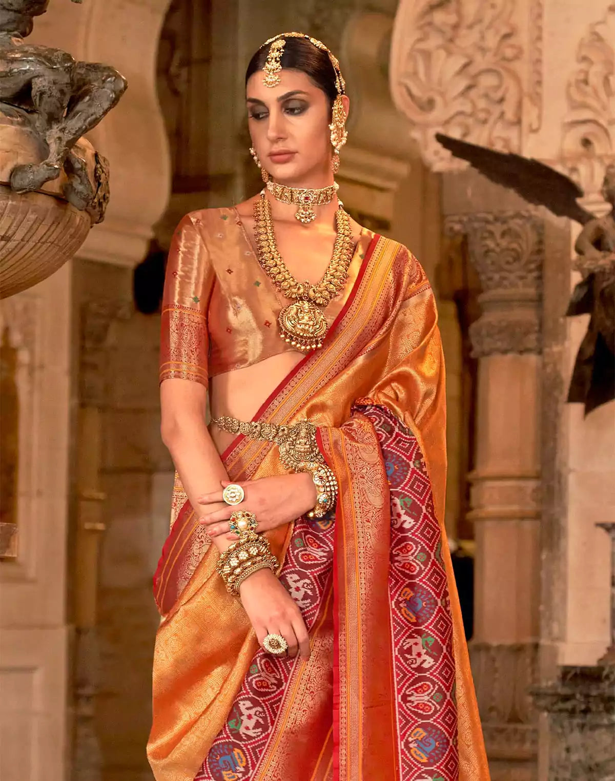 Image of Orange Brocade Meenakari Banaras Silk Saree