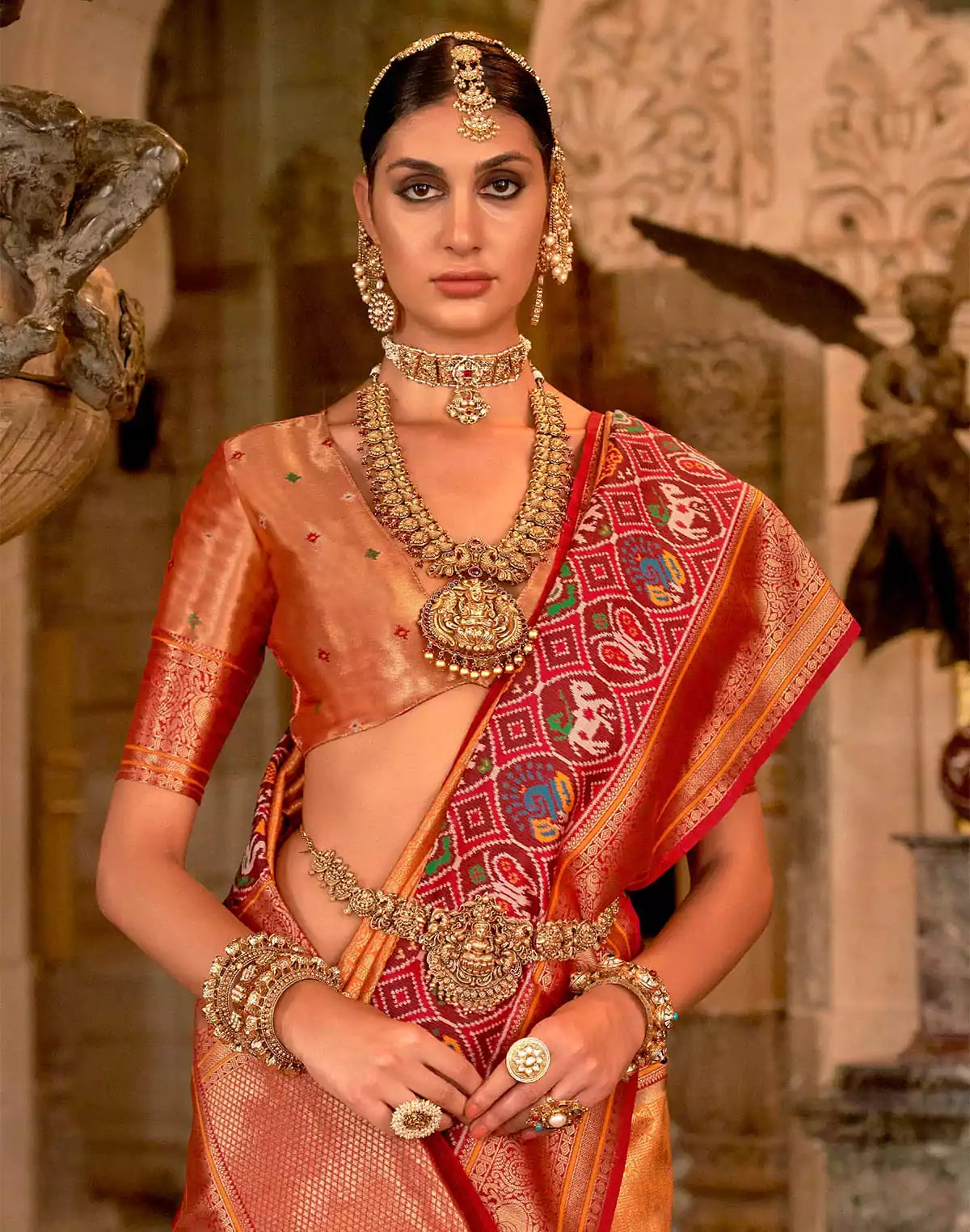 Image of Orange Brocade Meenakari Banaras Silk Saree