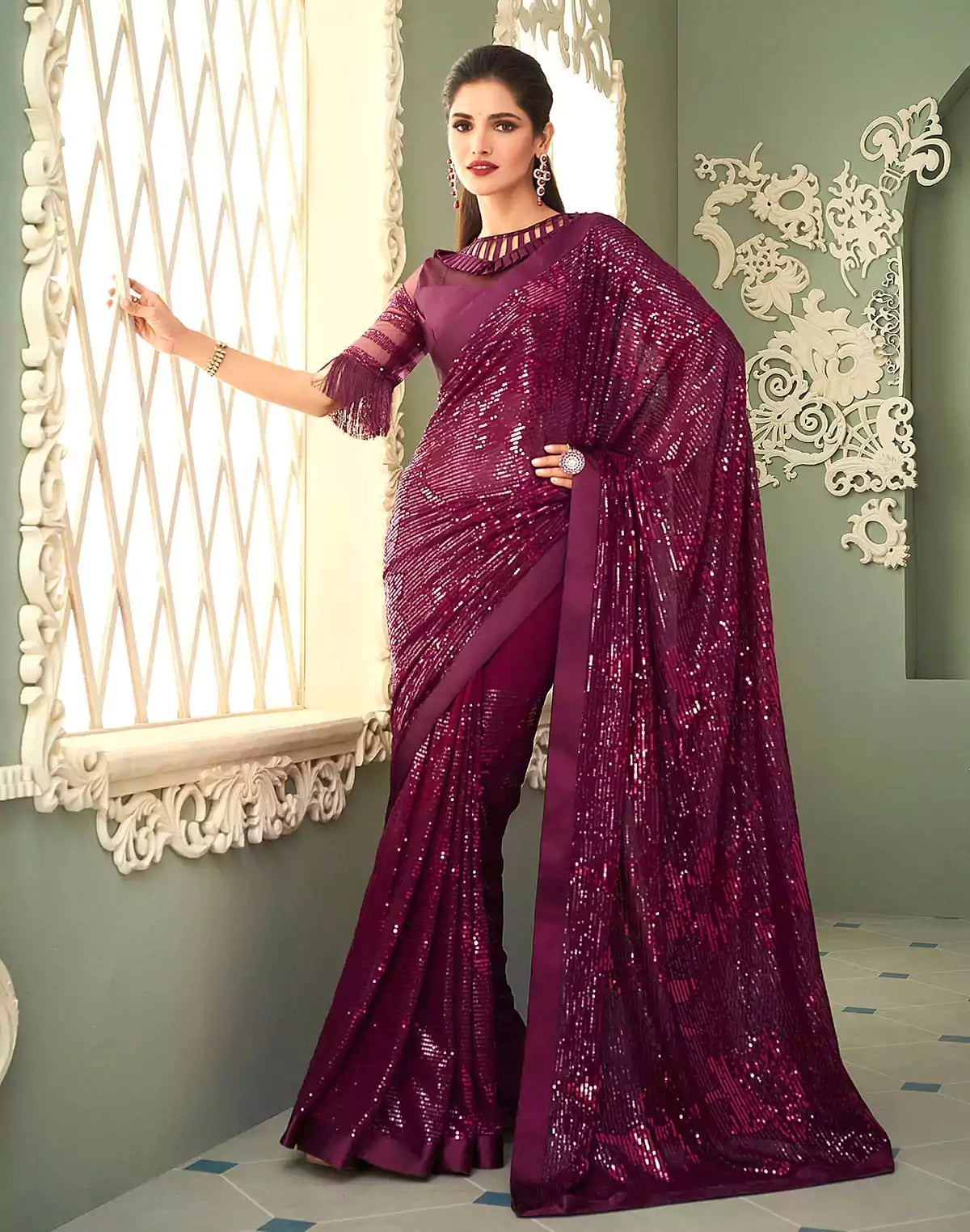 Image of Wine Georgette Sequence work Saree