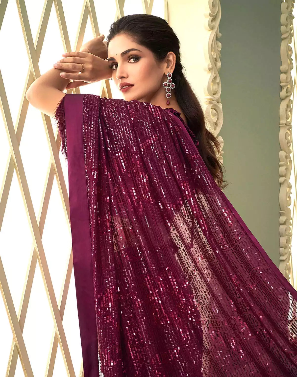 Image of Wine Georgette Sequence work Saree