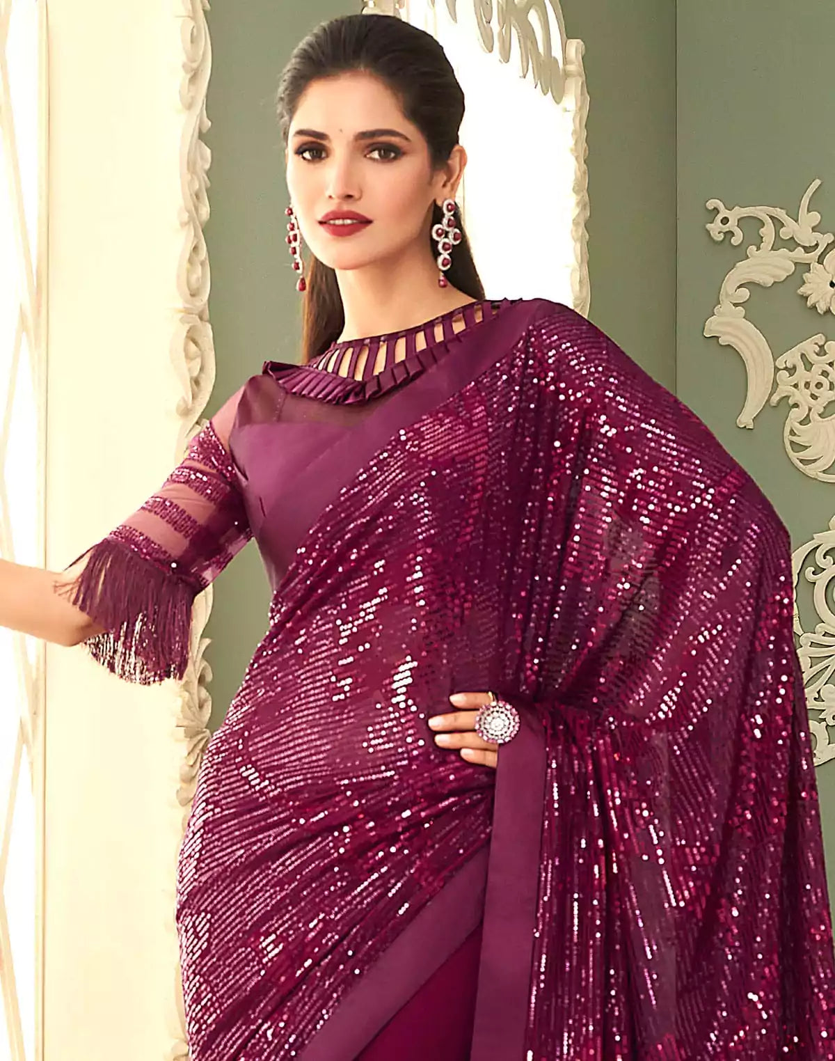 Image of Wine Georgette Sequence work Saree