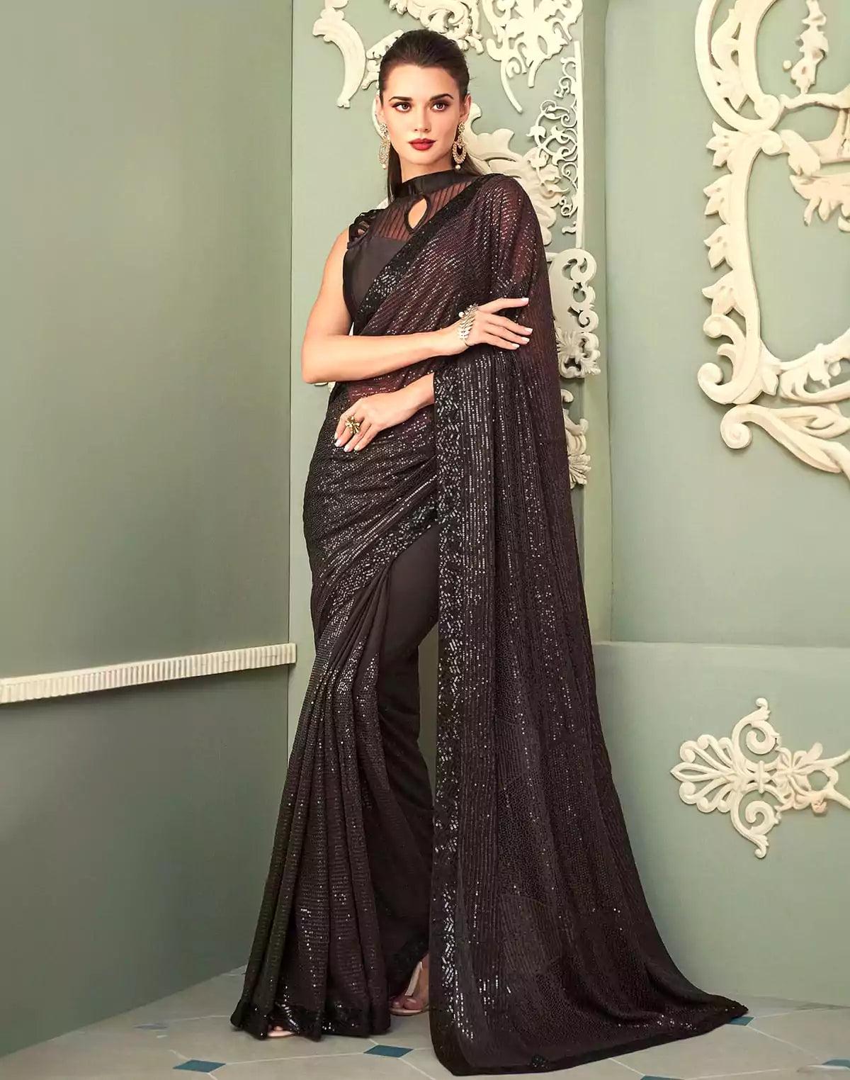 Image of Coffee Brown Georgette Sequence work Saree