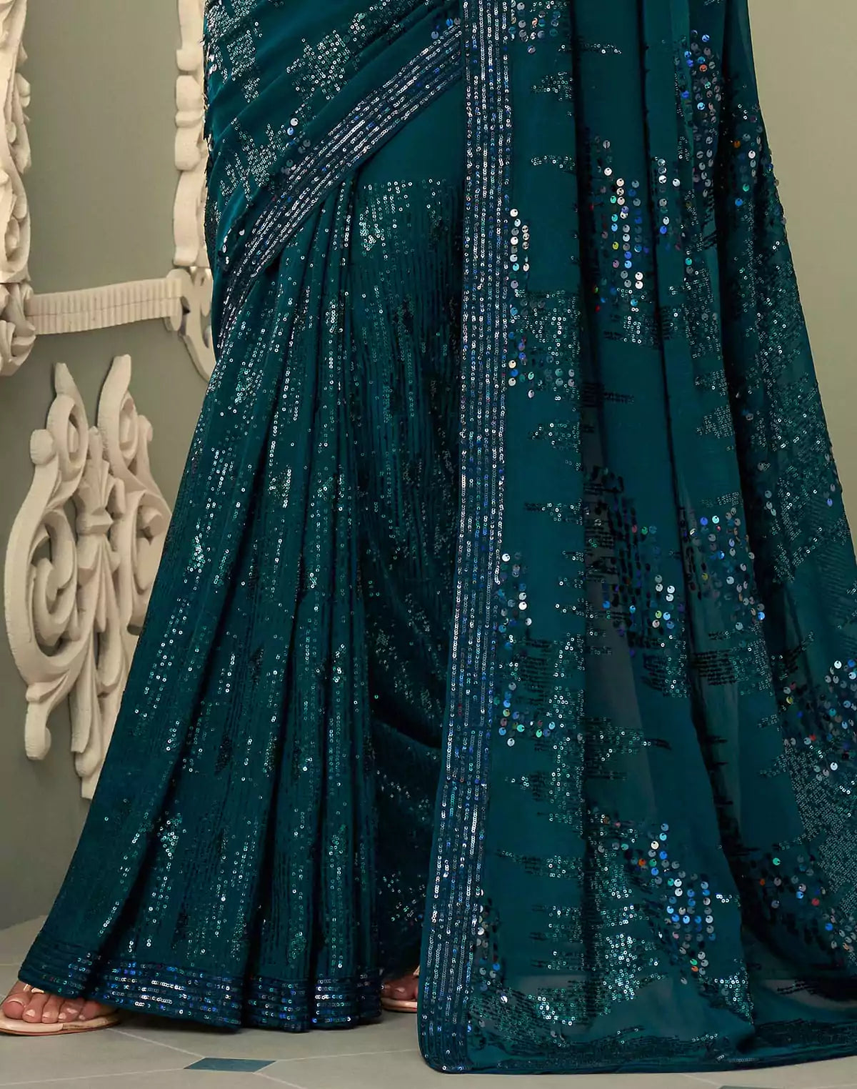 Image of Peacock Blue Sequence work Georgette Saree