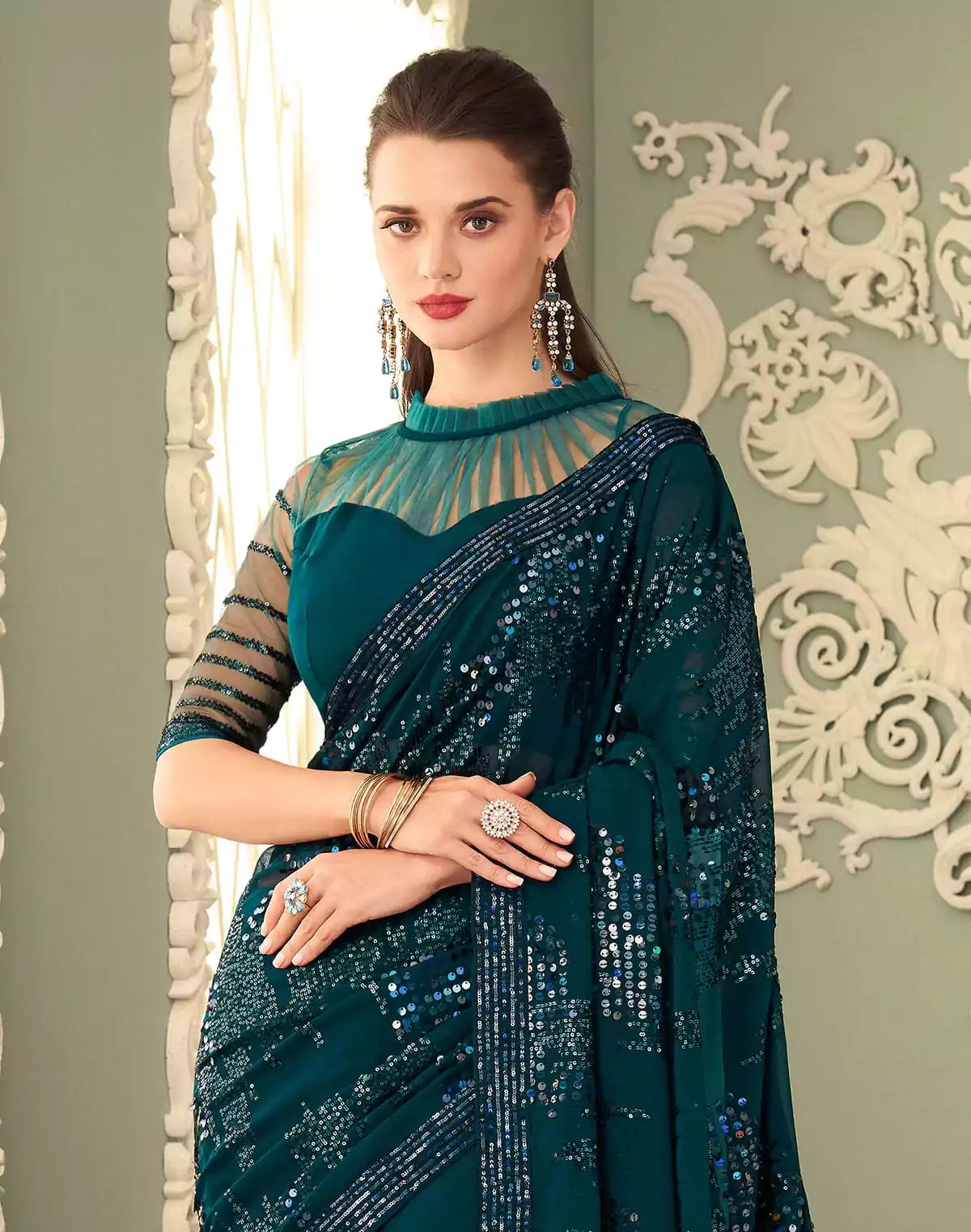 Image of Peacock Blue Sequence work Georgette Saree