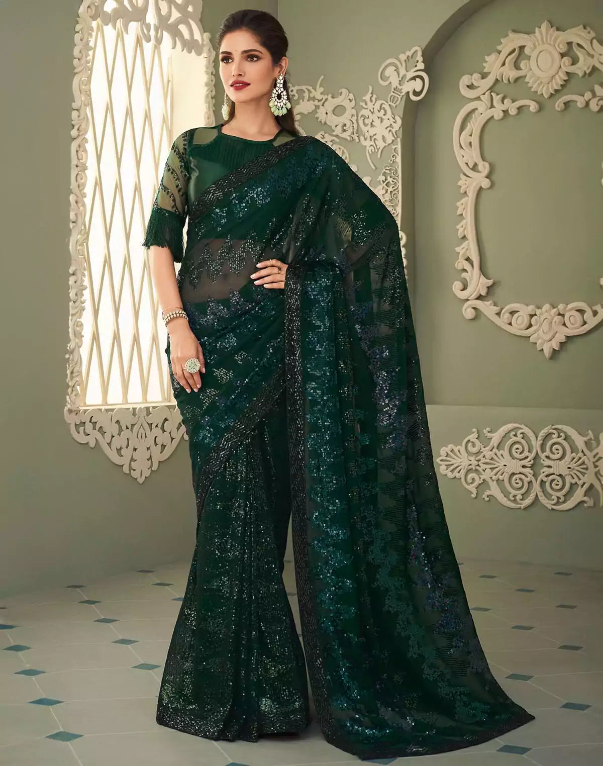 Image of Sequence work Dark Green Georgette Saree