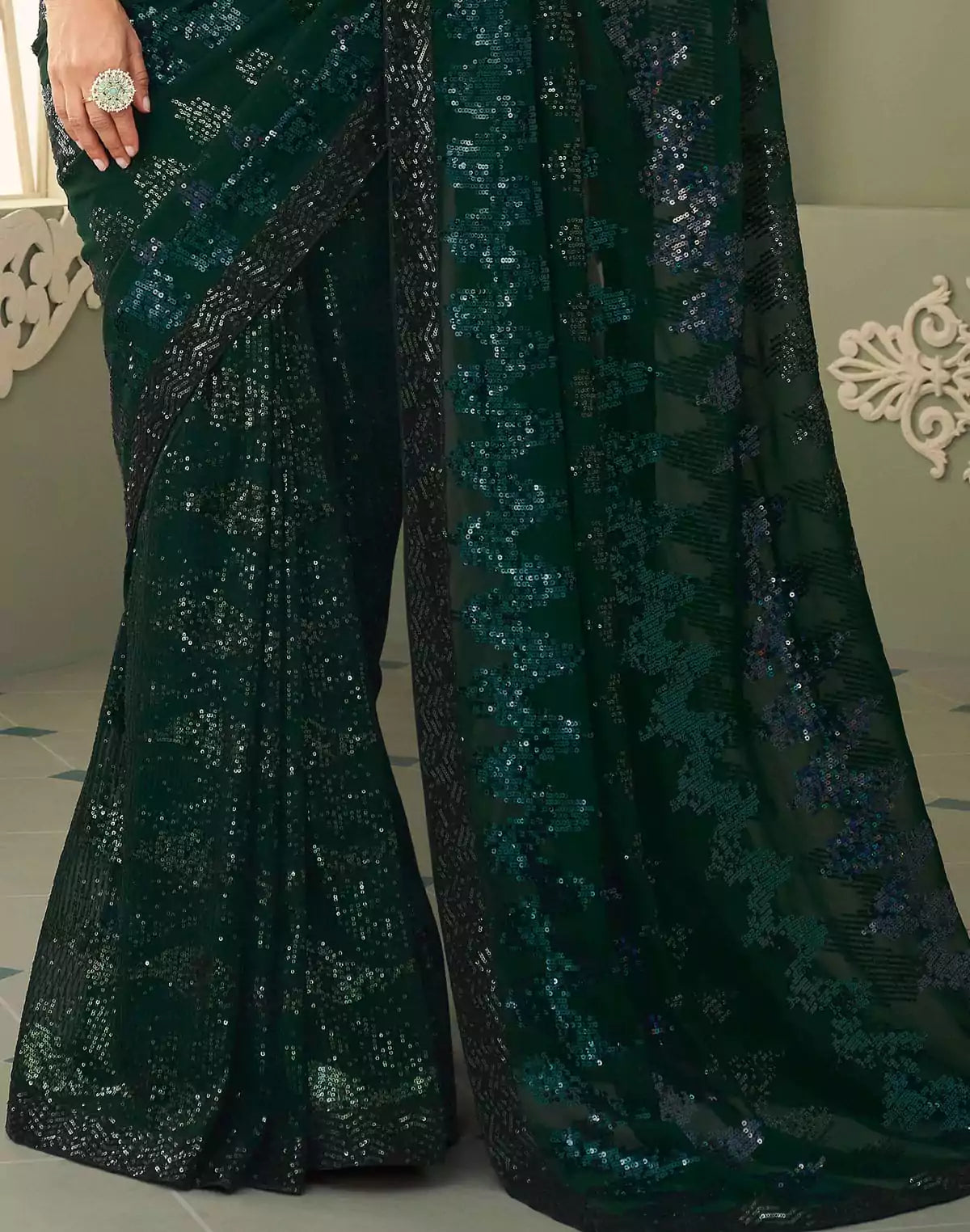 Image of Sequence work Dark Green Georgette Saree