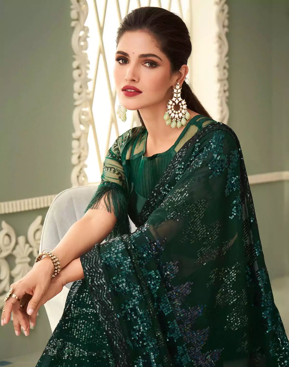 Image of Sequence work Dark Green Georgette Saree