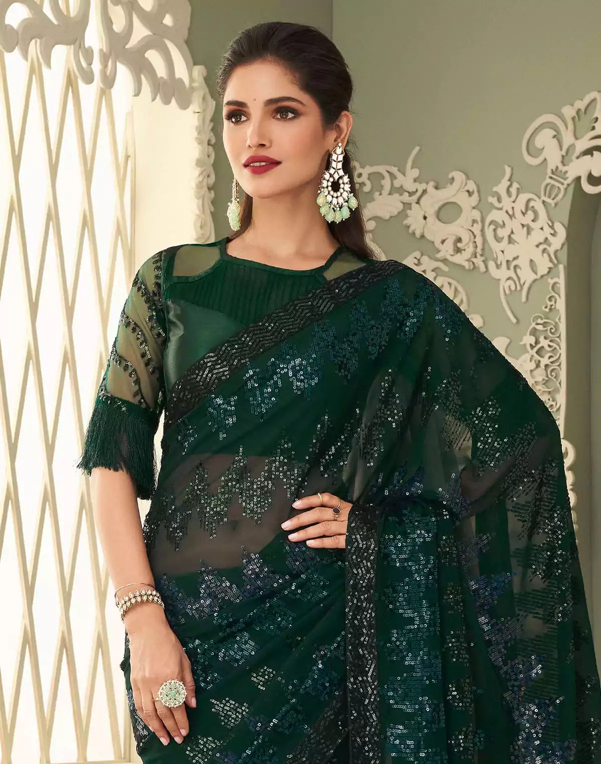 Image of Sequence work Dark Green Georgette Saree