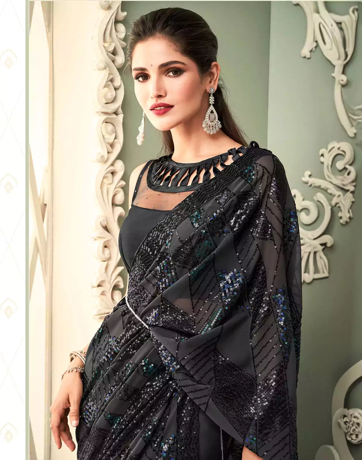 Image of Beautiful Sequence work Georgette Saree