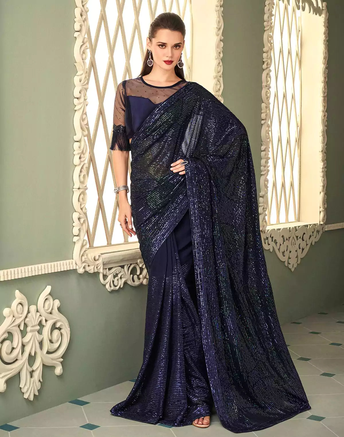 Image of Navy Blue Georgette Fabric with Sequence Work Saree