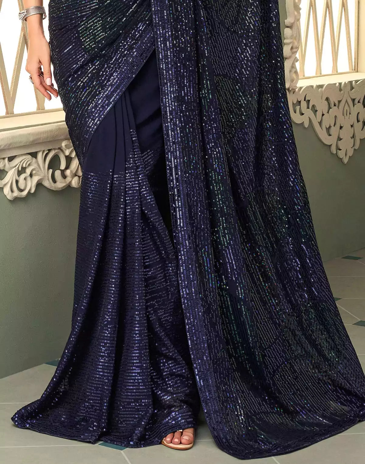 Image of Navy Blue Georgette Fabric with Sequence Work Saree