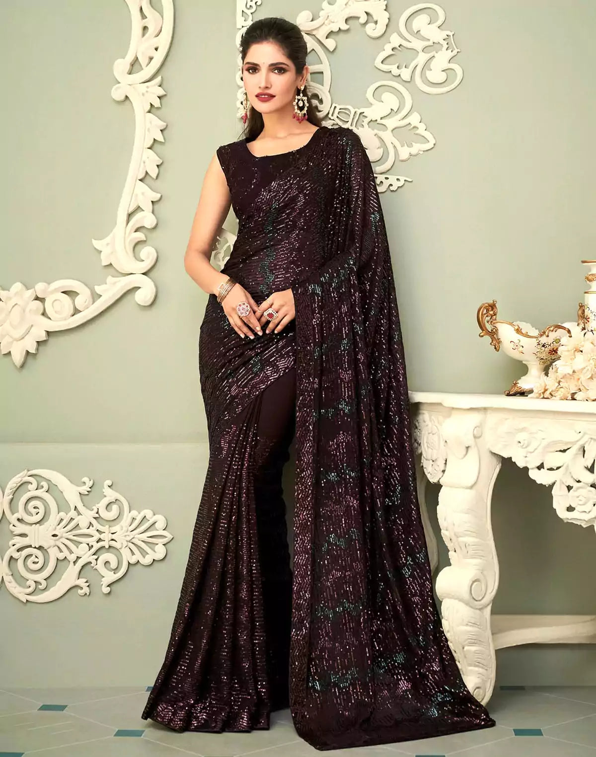 Image of Wine all over heavy Sequence work Georgette Saree
