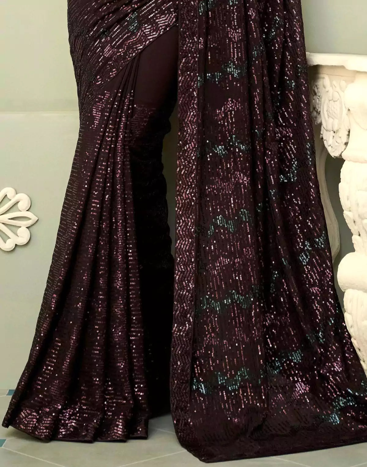 Image of Wine all over heavy Sequence work Georgette Saree