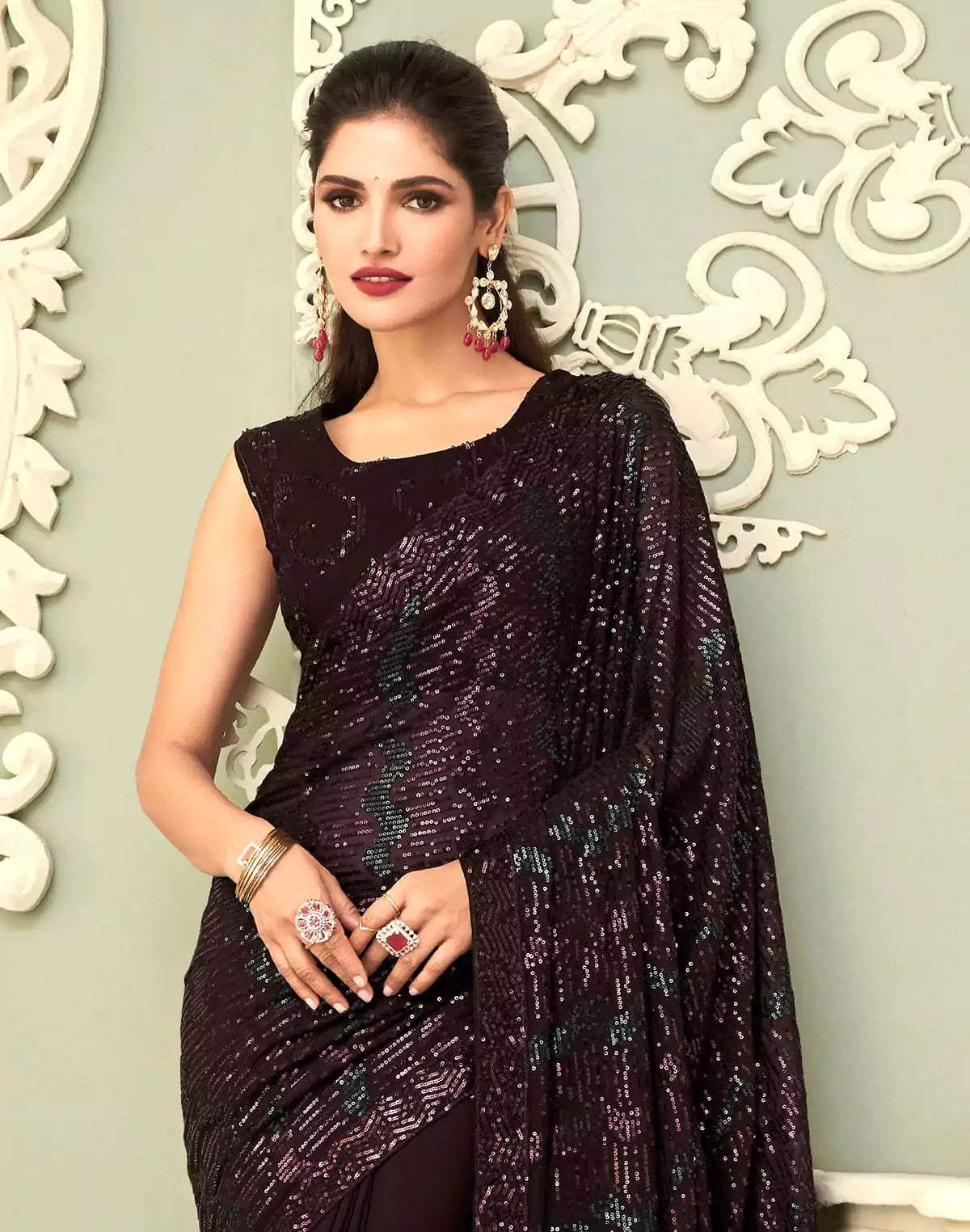 Image of Wine all over heavy Sequence work Georgette Saree