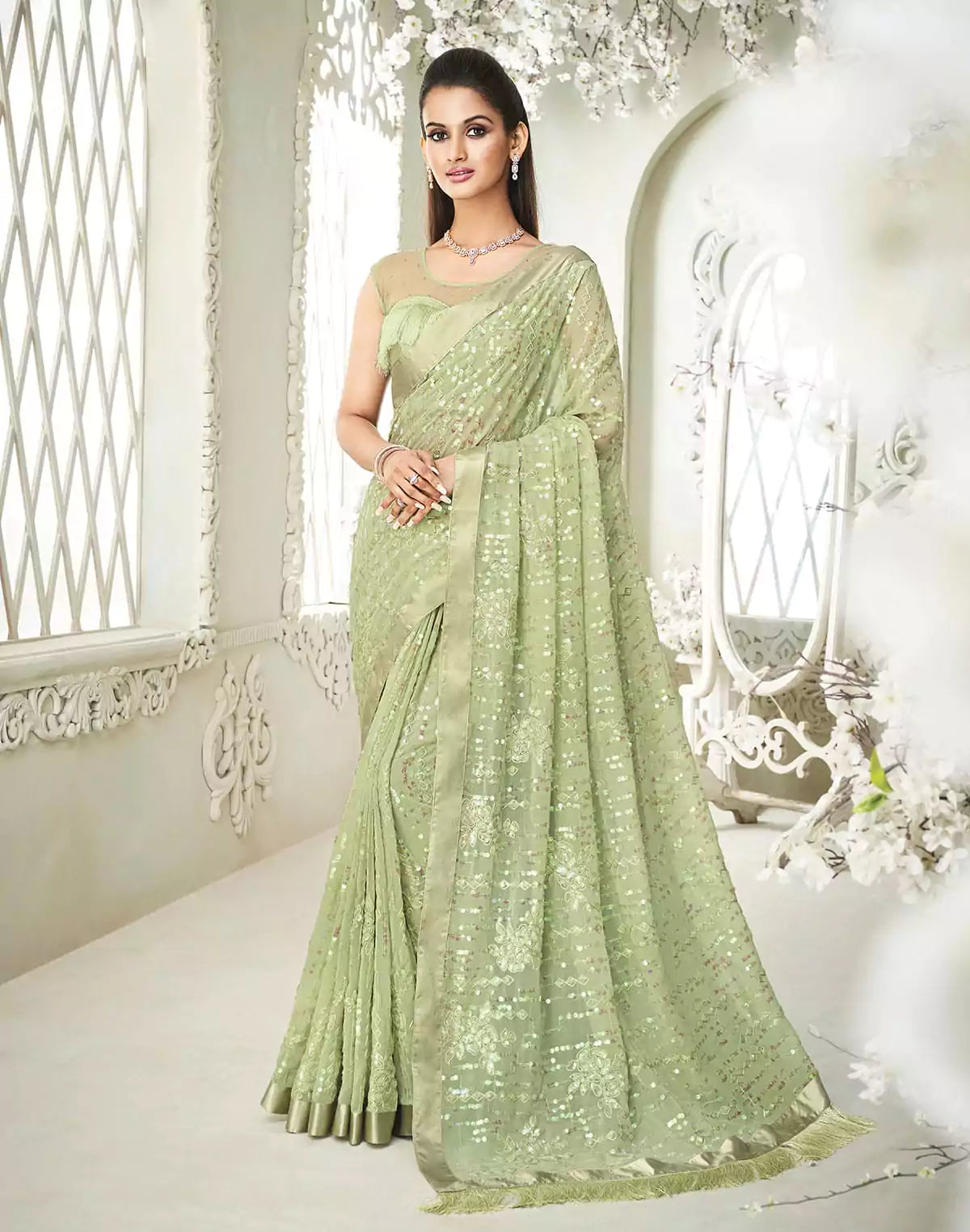 Image of Light Pista Green Soft Georgette with Embroidery Sequence work Saree