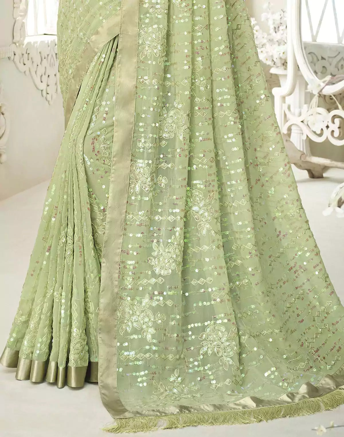 Image of Light Pista Green Soft Georgette with Embroidery Sequence work Saree