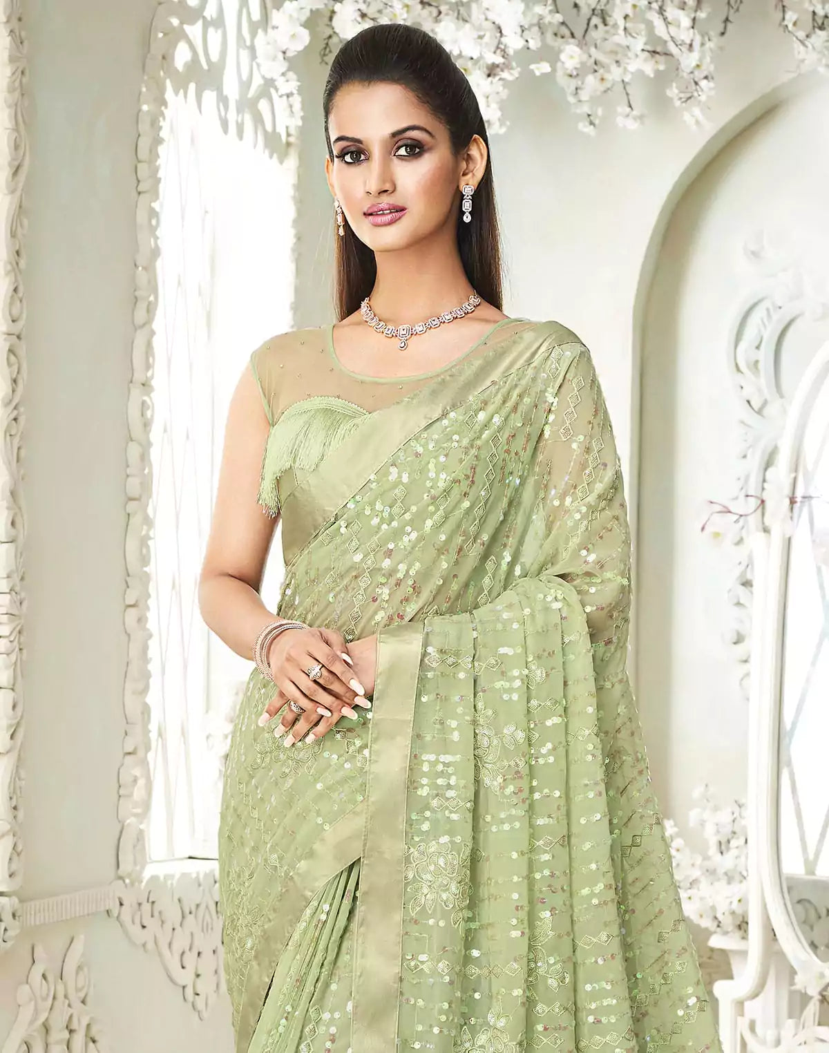 Image of Light Pista Green Soft Georgette with Embroidery Sequence work Saree
