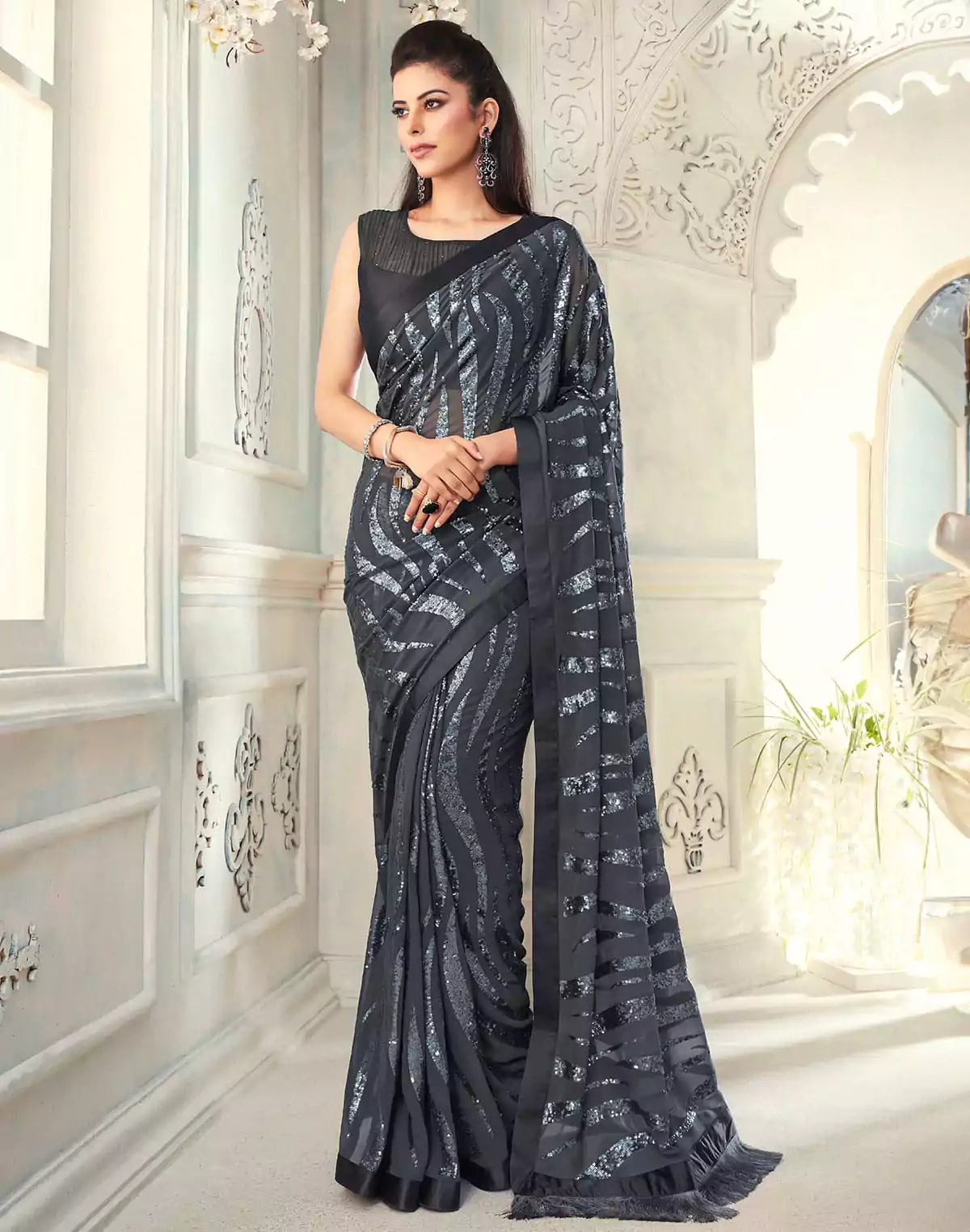 Image of Grey Sequence work Soft Georgette Saree