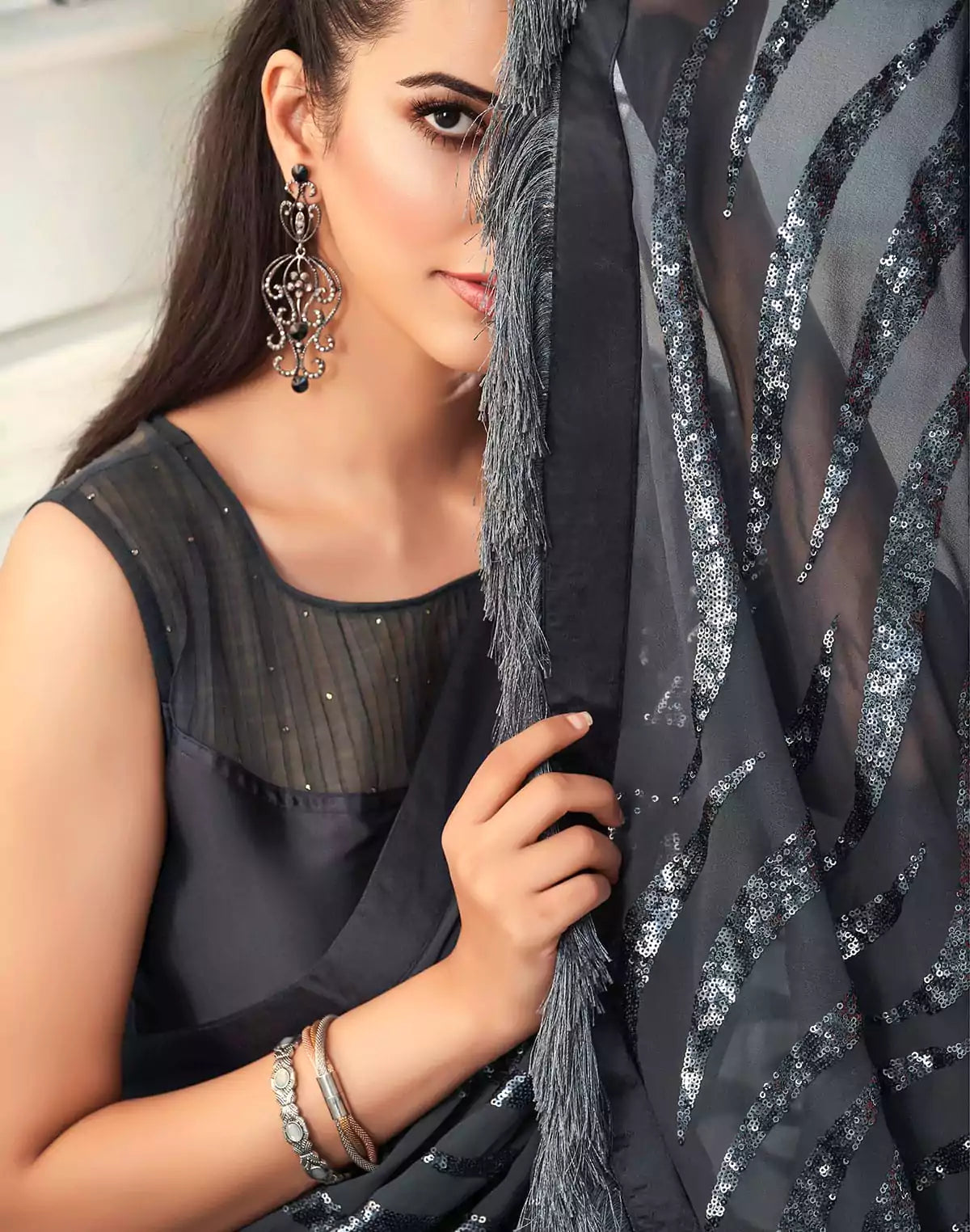Image of Grey Sequence work Soft Georgette Saree