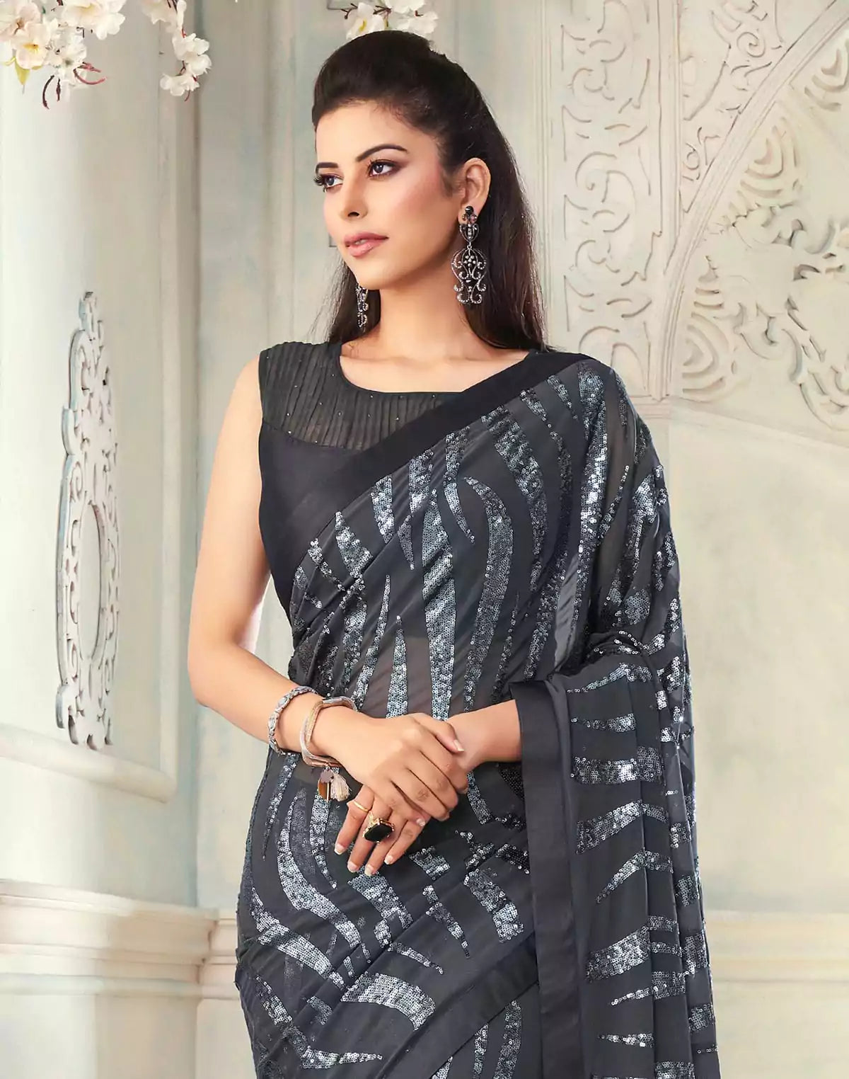 Image of Grey Sequence work Soft Georgette Saree