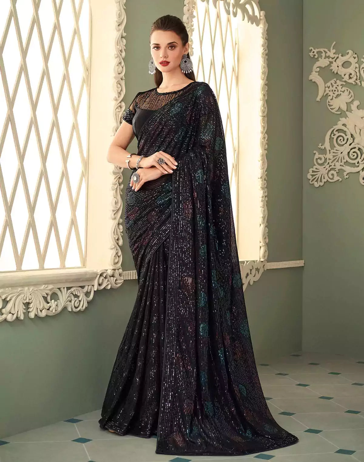 Image of Black Coloured Georgette Sequence work Saree